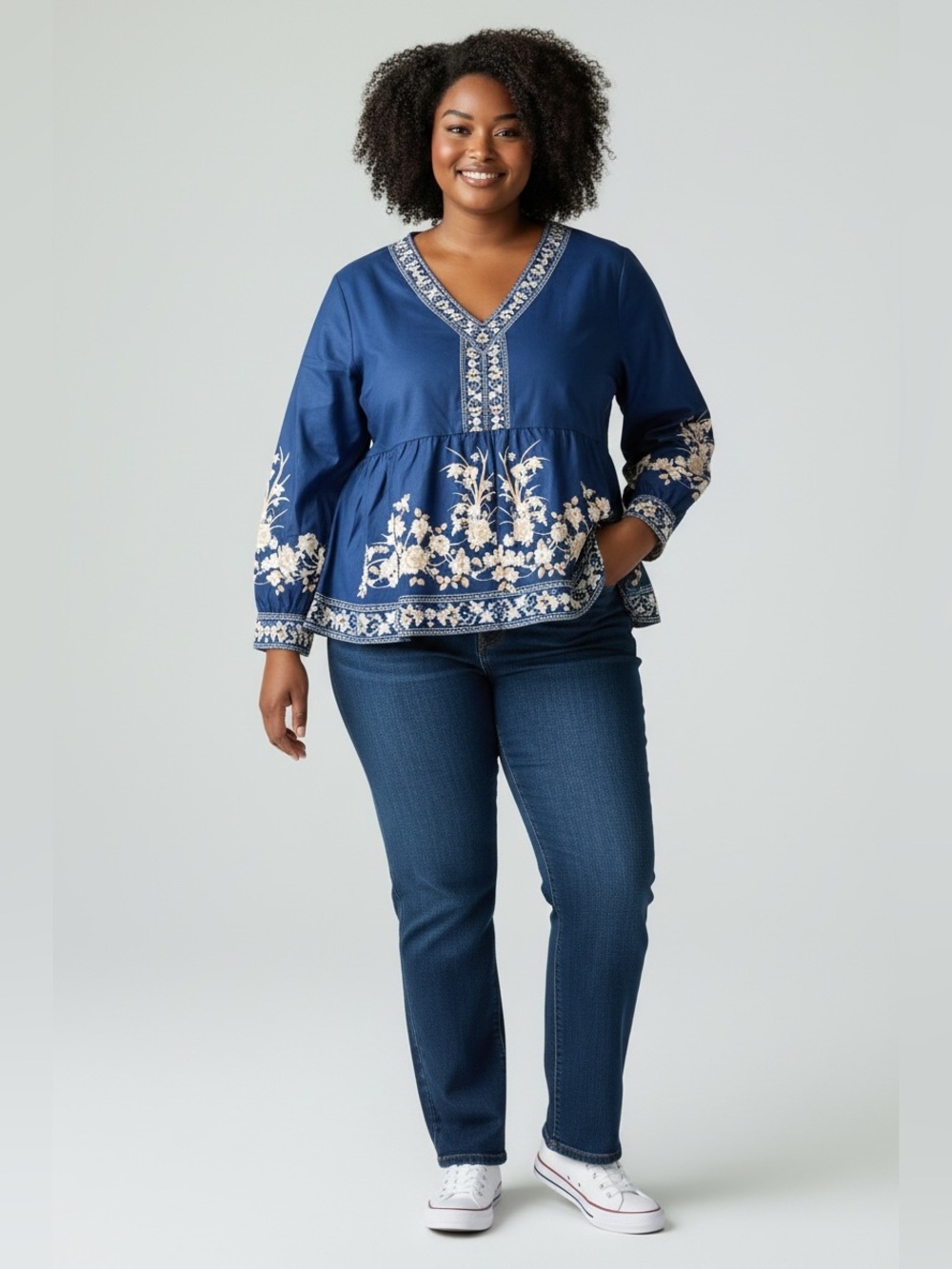 BloomChic Navy Blue V-Neck Embroidered Peplum Blouse